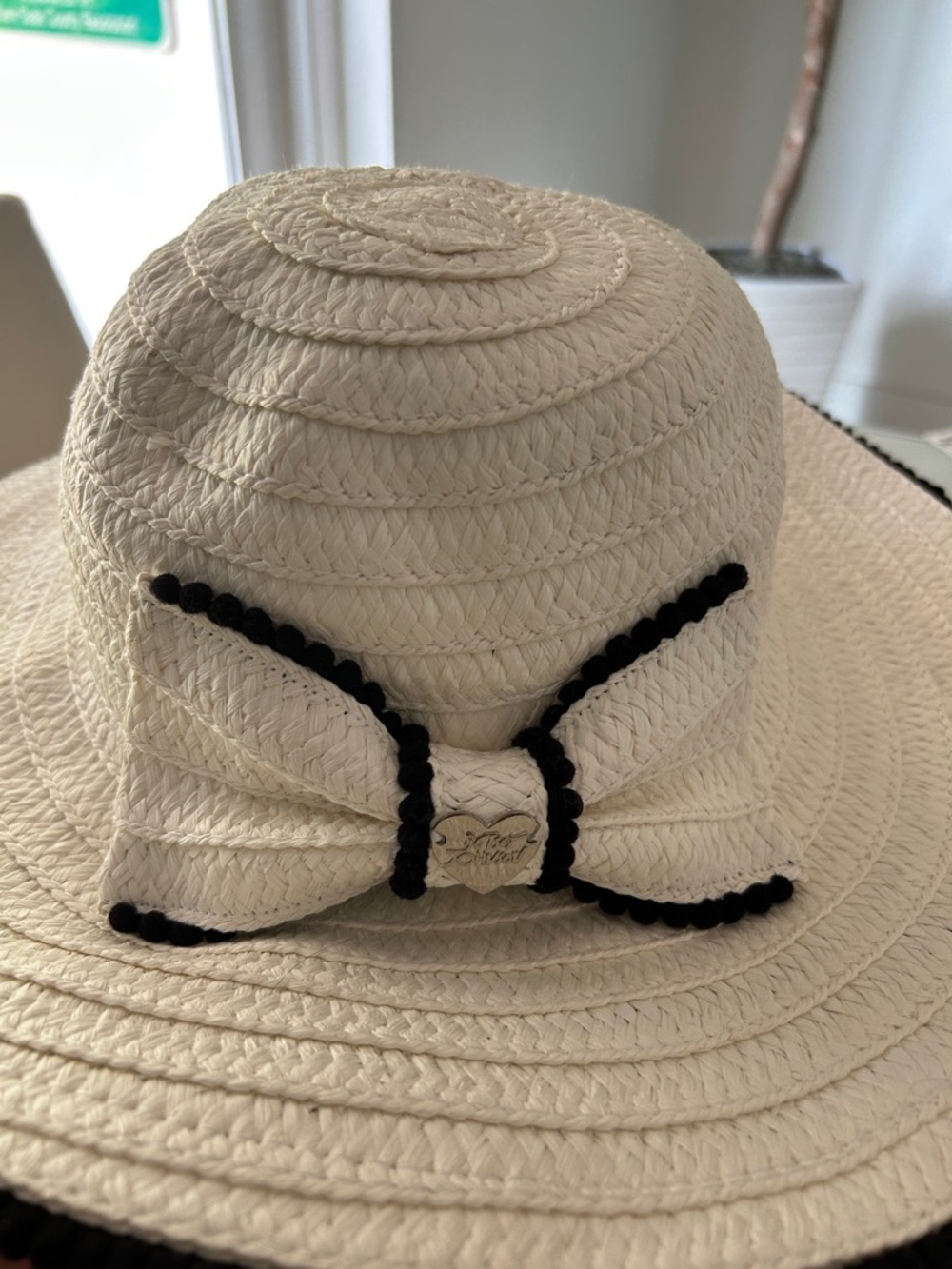 Betsey Johnson White Straw Sun Hat with Oversized Black Trim Bow